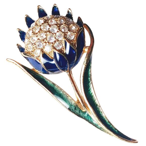 VTG Mid Century Brooch Enamel Flower Pave Rhinestone 1960s Gold Tone Pin - Picture 1 of 9